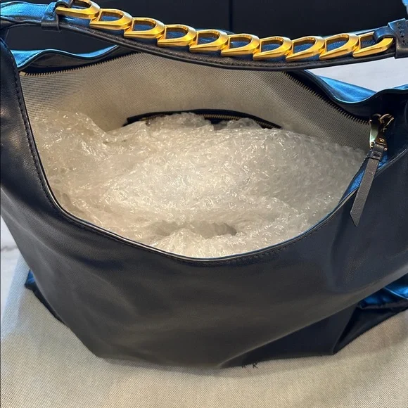 NWT Donna Karan Black Leather Shoulder Bag with Gold Chain - Picture 7 of 12